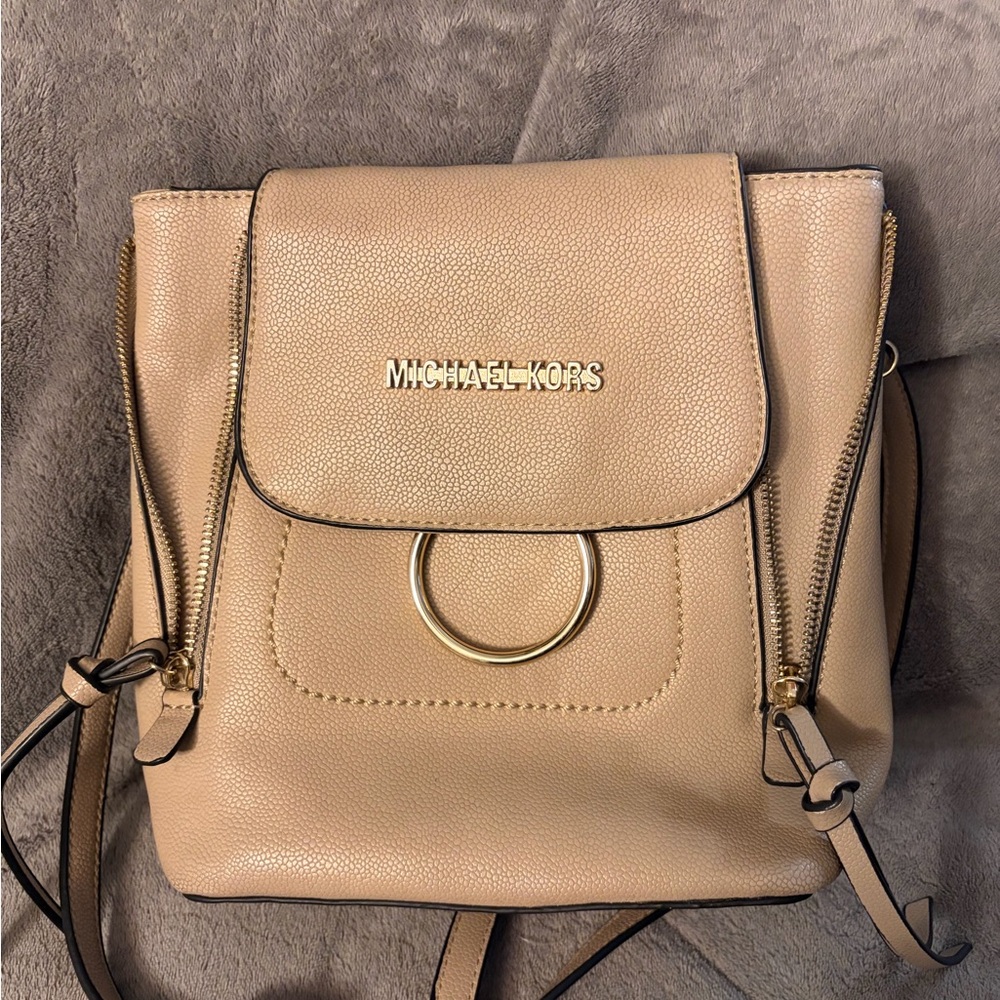 MICHAEL KORS Taupe Pebbled Leather Backpack with Gold Ring